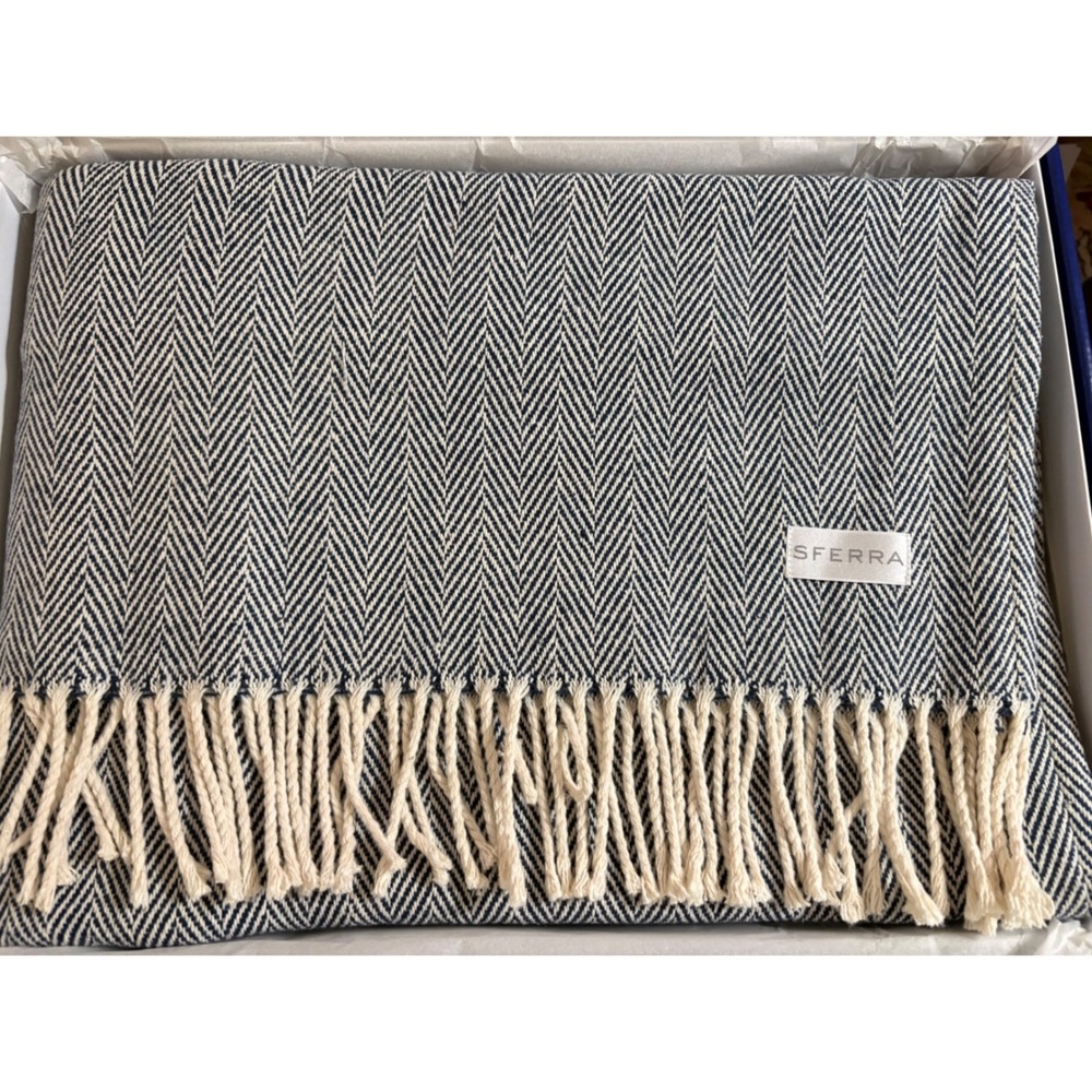 Sferra Celine 9701 Navy Herringbone Cotton Throw Blanket 51x71 Made in Portugal